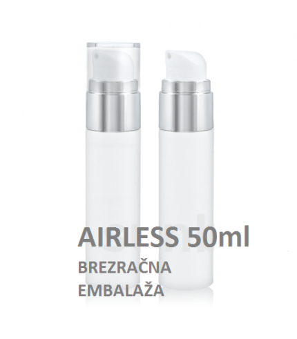 Airless embalaža 50 ml bela s srebrnim obročkom – brezzračna kozmetična embalaža z dispenzerjem