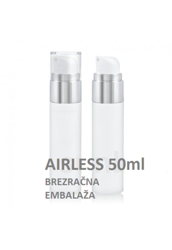 Airless embalaža 50 ml bela s srebrnim obročkom – brezzračna kozmetična embalaža z dispenzerjem