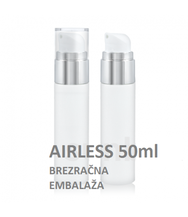 Airless embalaža 50 ml bela s srebrnim obročkom – brezzračna kozmetična embalaža z dispenzerjem