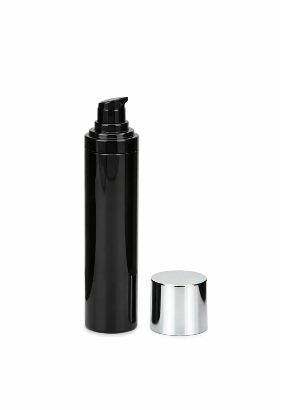 Airless embalaža 30 ml črna – brezzračna kozmetična embalaža z dispenzerjem in srebrnim pokrovčkom