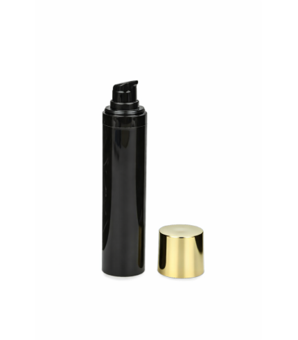 Black Airless Bottle 50 ml – cosmetic airless packaging with dispenser pump and golden cap