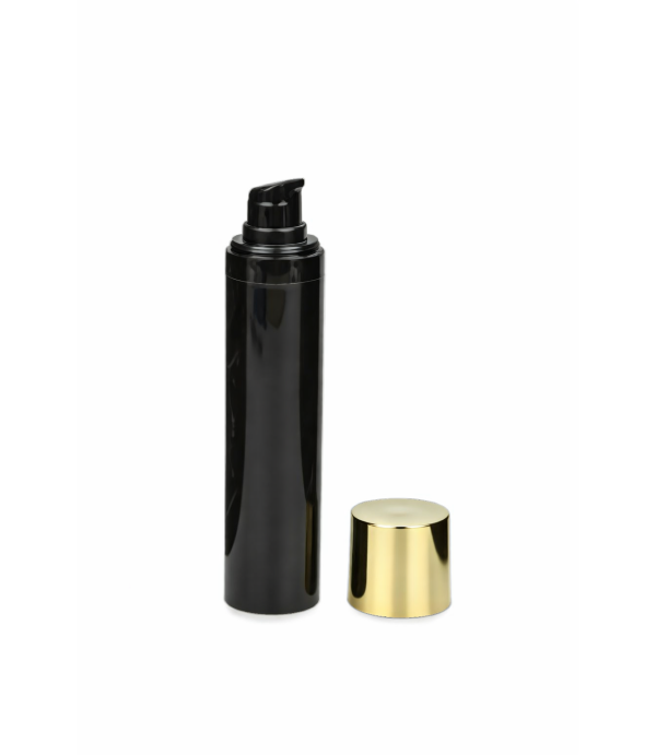 Black Airless Bottle 50 ml – cosmetic airless packaging with dispenser pump and golden cap