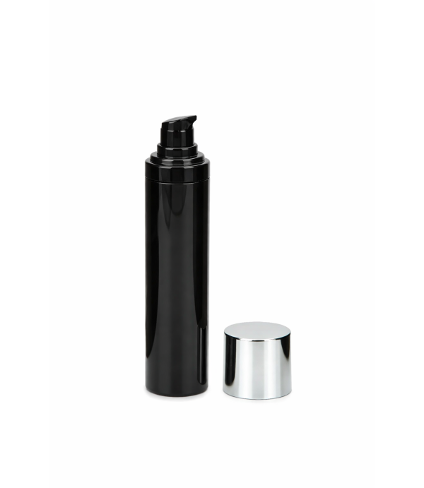 Black Airless Bottle 50 ml – cosmetic airless packaging with dispenser pump and silver cap