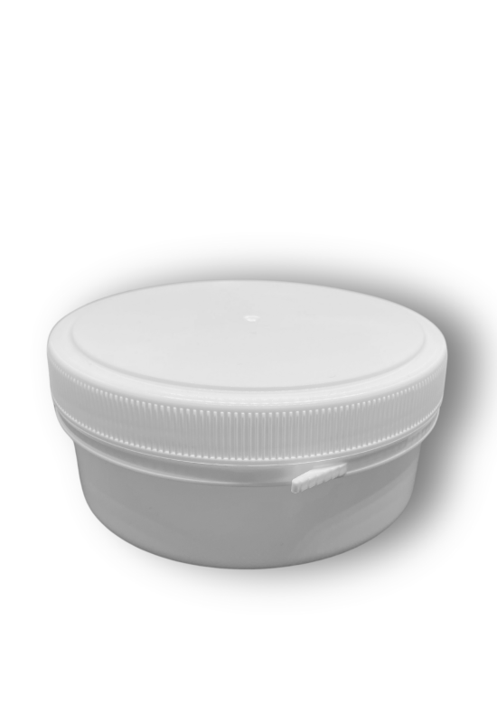 PP lonček 350 ml bel – plastična embalaža s pokrovom in varovalom odpiranja