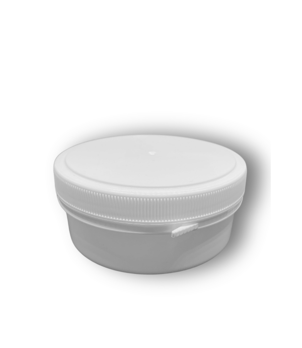 PP lonček 350 ml bel – plastična embalaža s pokrovom in varovalom odpiranja